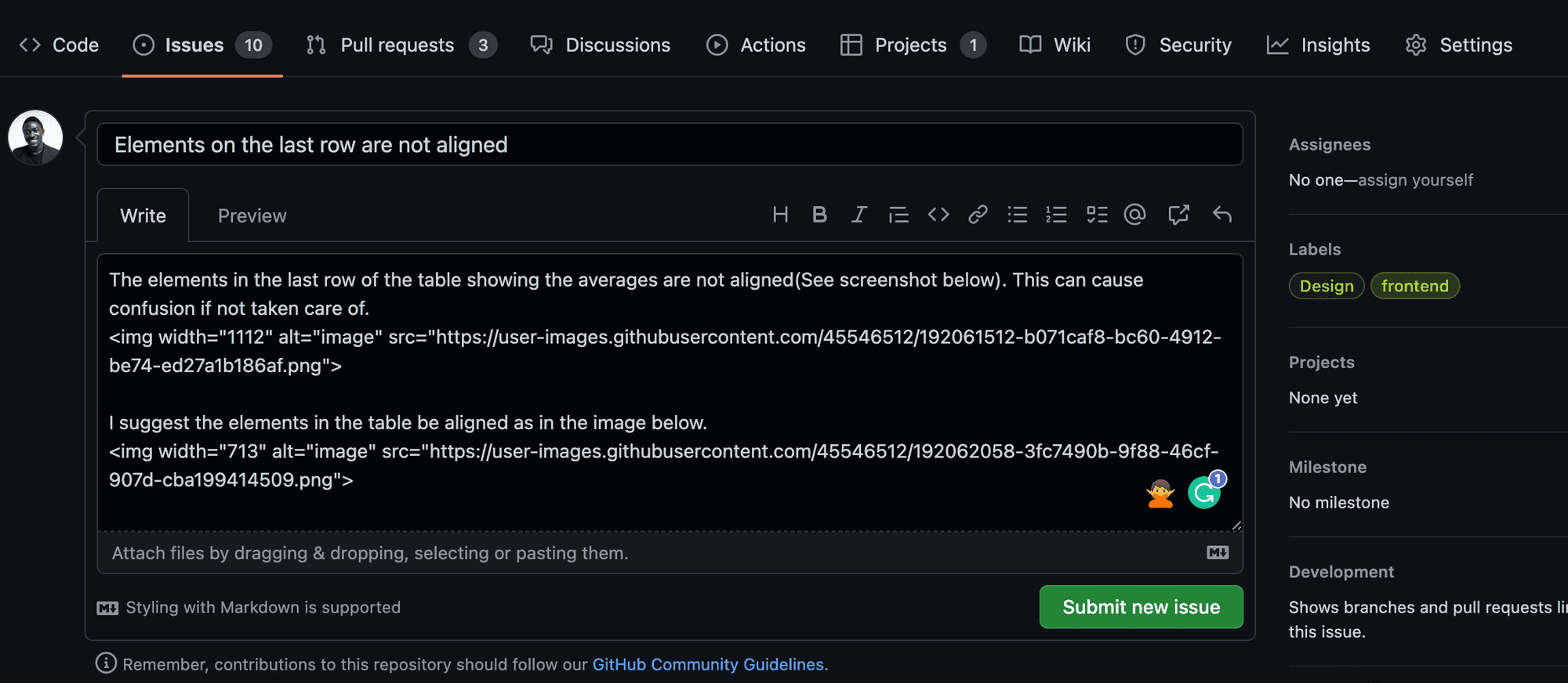 Screenshot showing how an issue is being submitted