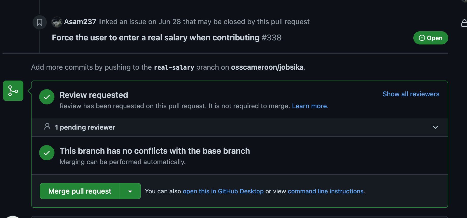 screenshot showing a pull request which is yet to be merge